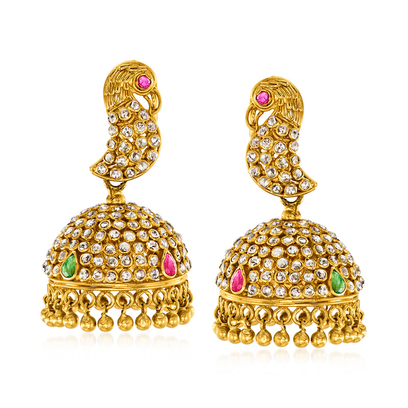 22kt yellow gold bird chandelier post earrings with round clear stones and pink/green accents