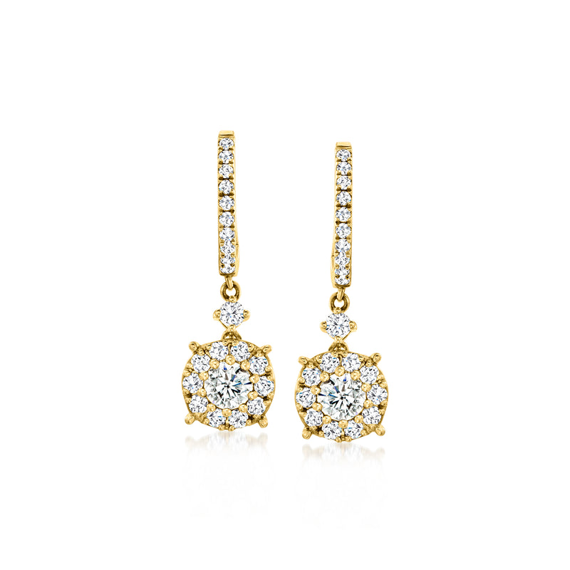 18k yellow gold diamond drop earrings with round cluster and pave bar detail