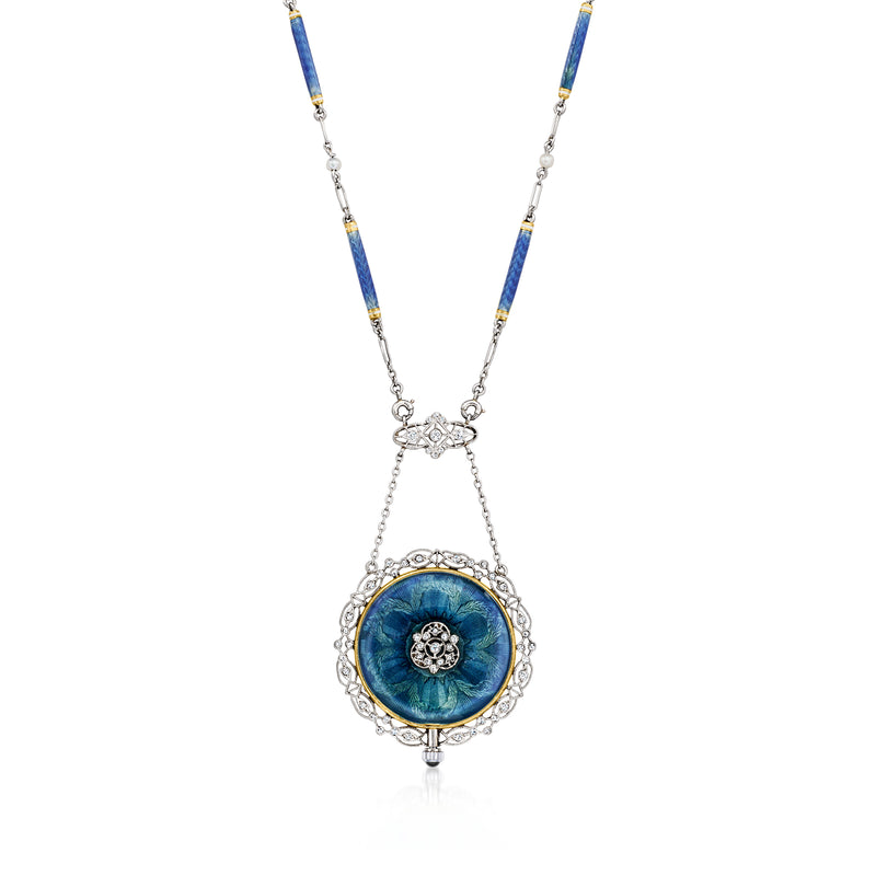 Vintage watch necklace with blue enamel round pendant and seed pearl accents in platinum