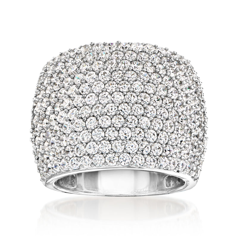 Sterling silver wide pave CZ ring with round sparkling stones, top view