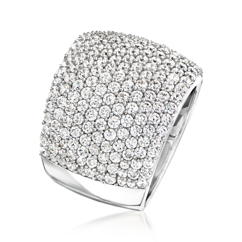 Sterling silver wide pave CZ ring with round stones, angled view