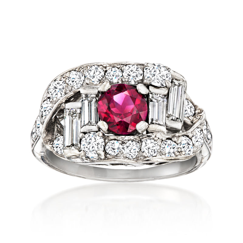 Vintage palladium ring with pink-red rhodolite and diamond accents
