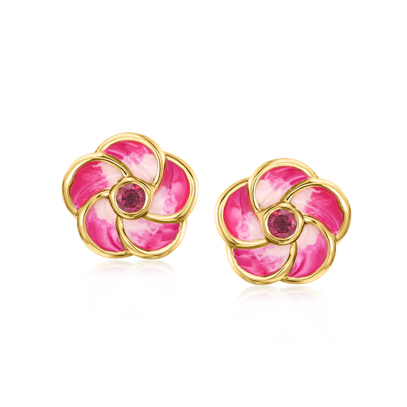 18kt gold over sterling flower stud earrings with pink enamel petals and red gemstone center