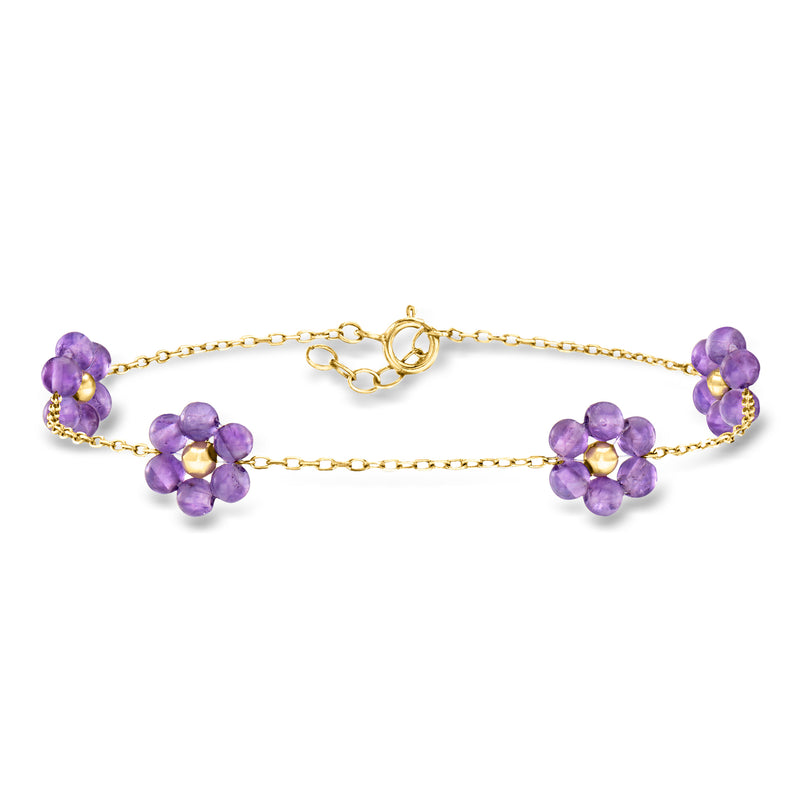 Amethyst flower station bracelet in 14kt yellow gold with purple floral clusters