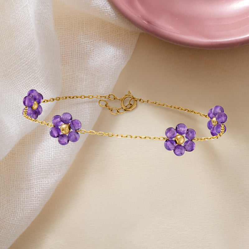 Amethyst flower station bracelet showing gold clasp and purple amethyst flower clusters