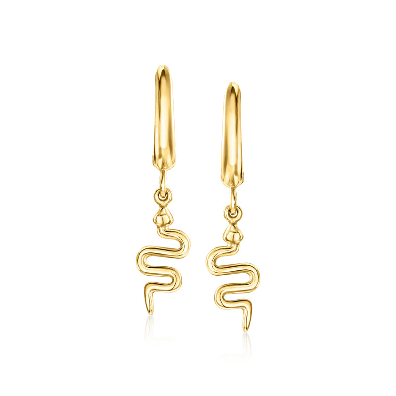 Gold vermeil drop hoop earrings with dangling snake charm