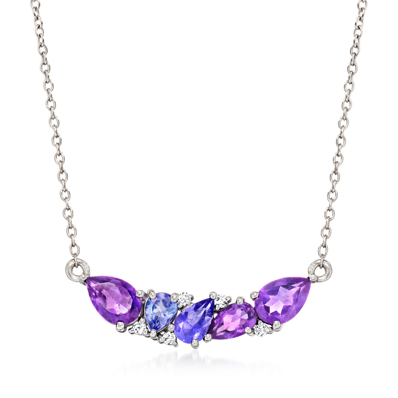 Sterling silver cluster necklace with purple and blue teardrop gemstones on chain