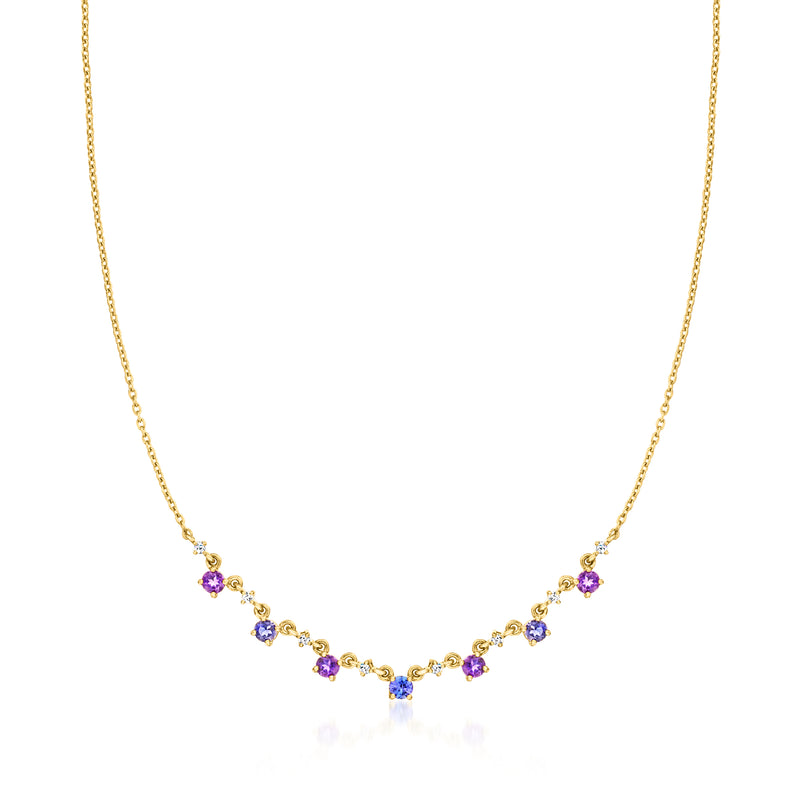 Gold over sterling necklace with a dainty chain and round purple multi-gem stones
