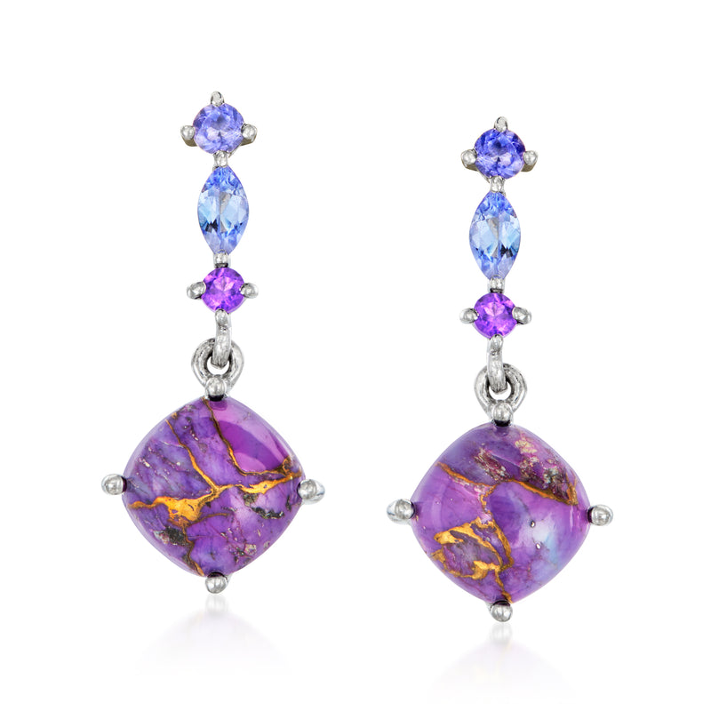 Sterling silver drop earrings with purple and light blue gemstones and large oval purple stone
