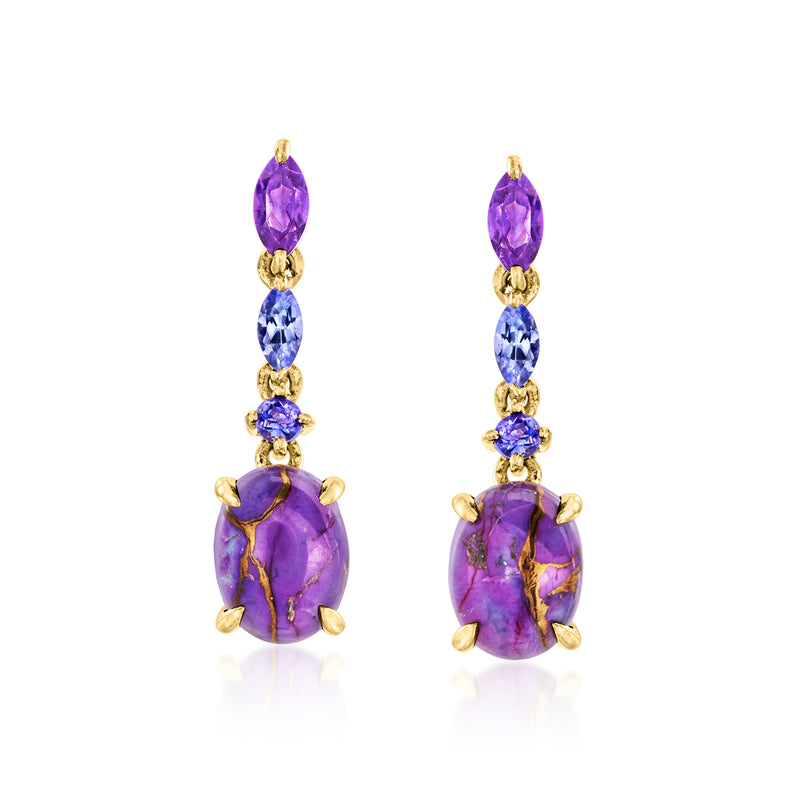 Gold drop earrings with purple and blue oval gemstones and purple teardrop centerpiece.