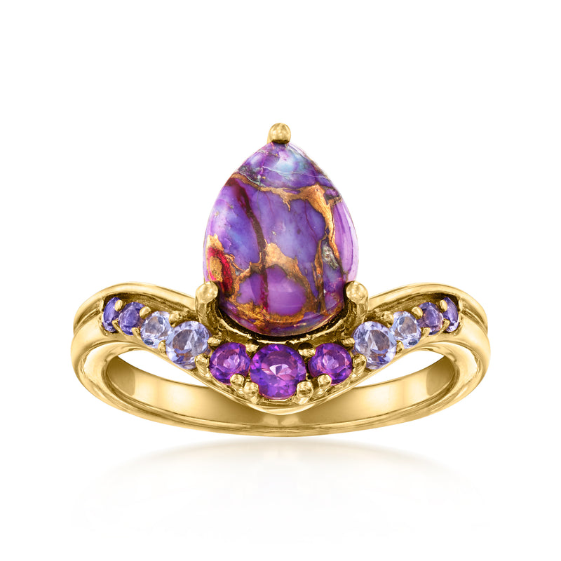 18kt gold over sterling multi-gemstone ring with purple oval centerpiece and side stones