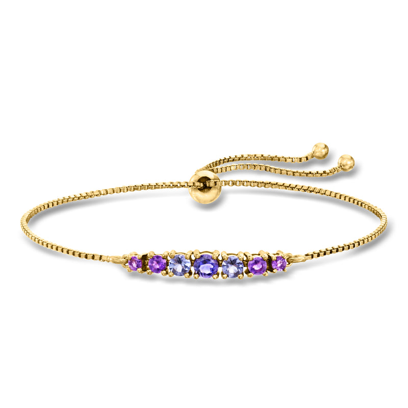 Gold bolo bracelet with purple gemstone bar and rounded clasp beads