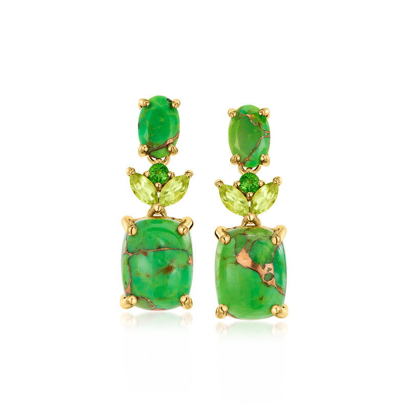 Gold-tone drop earrings with green gemstone cabochons and oval prong settings