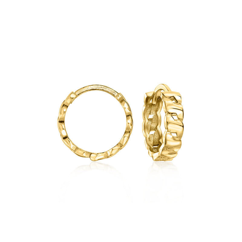 Gold-tone curb-link hoop earrings with hinged clasp, circular hoop design