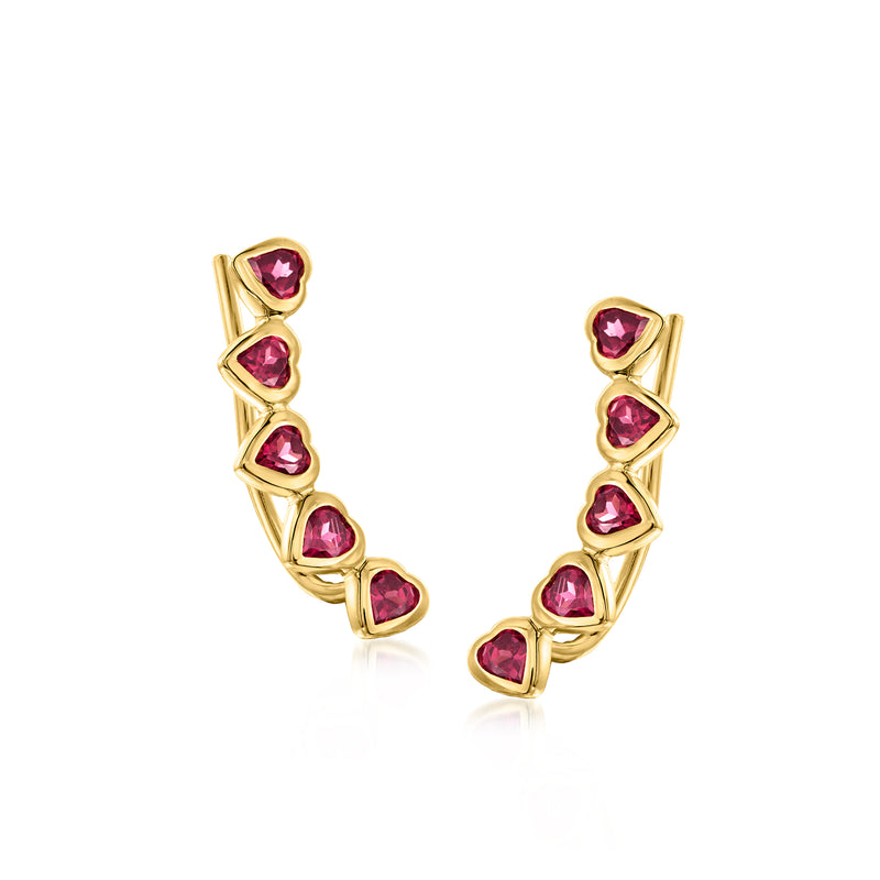 Gold-tone heart-shaped rhodolite garnet ear climber earrings with curved row of stones