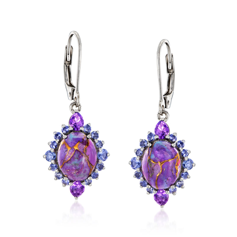 Sterling silver leverback drop earrings with purple oval gemstone and blue accent stones