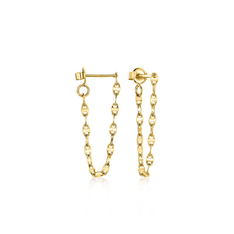 Gold vermeil mirror-link chain drop earrings with hoop tops and dangling linked drops