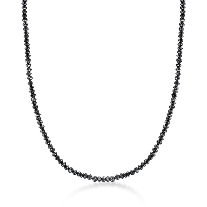 Black diamond bead necklace with white gold 14kt chain, single strand of beads