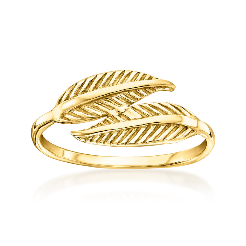 10k yellow gold leaf bypass ring with ridged leaf bands, open swirl setting