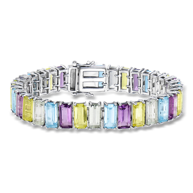 Multi-gemstone tennis bracelet in sterling silver with multicolor baguette stones