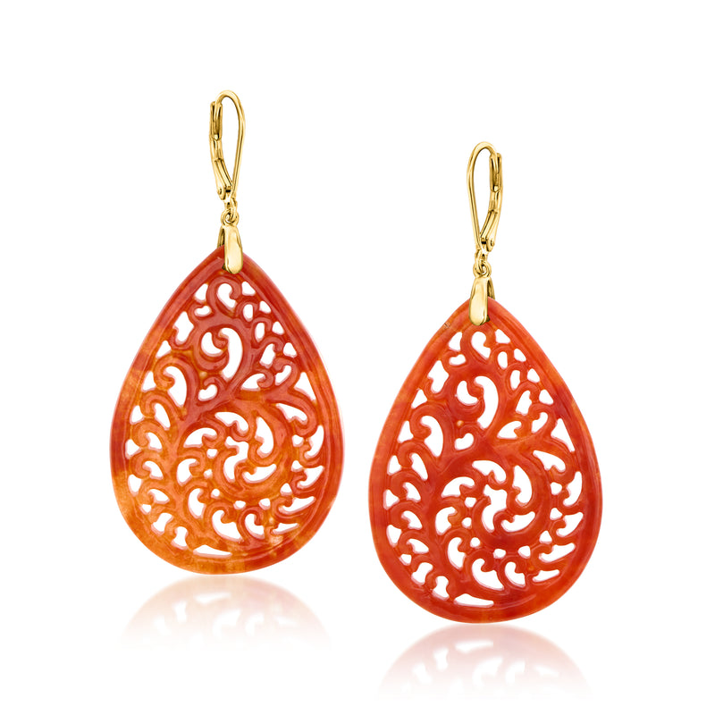 Red carved jade teardrop leverback earrings with 18kt gold over sterling hooks