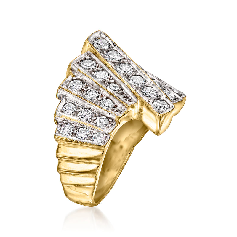 Yellow gold twisted ring with rectangular diamond rows and stepped settings