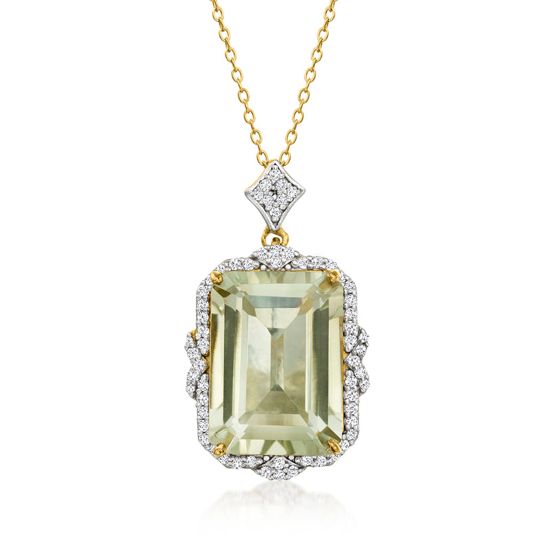 Gold pendant necklace with cushion-cut pale green prasiolite and clear stone halo.