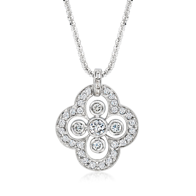 Diamond cluster quatrefoil pendant necklace in 14kt white gold with round stones