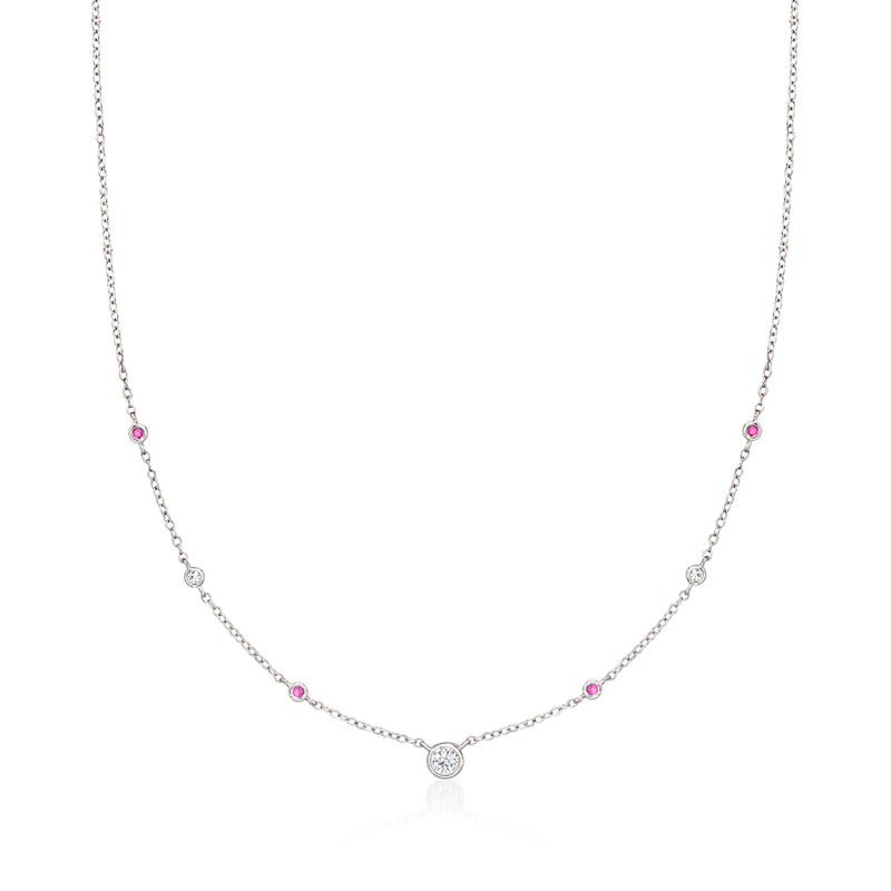 Sterling silver station necklace with lab-grown white diamonds and pink ruby accents