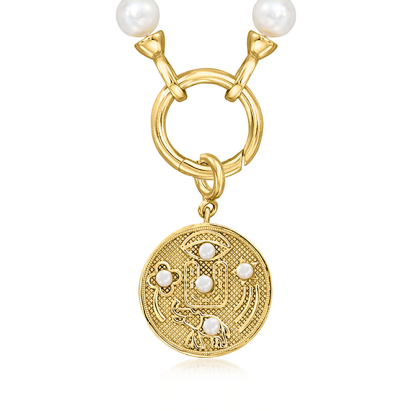 Gold lucky charm with hinged ring top and round coin pendant with white pearls
