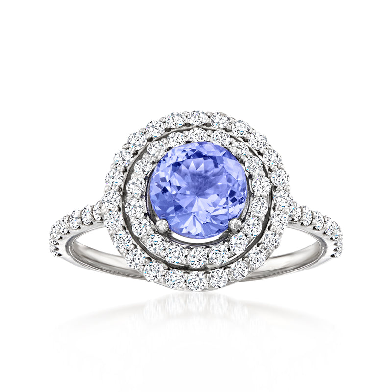 Tanzanite ring with diamond halo in 14kt white gold