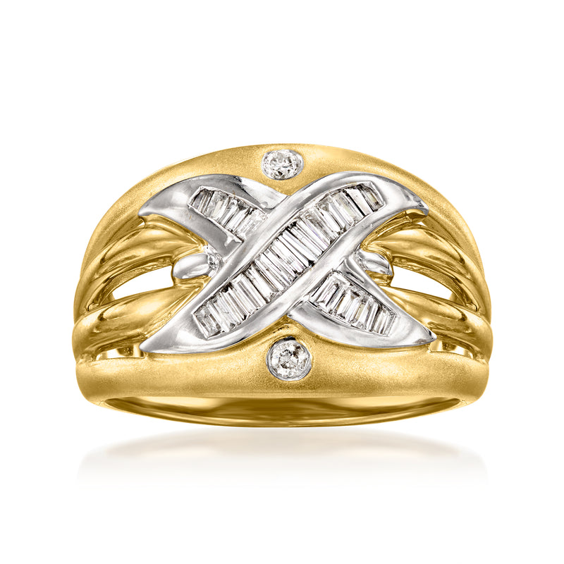 18kt yellow gold vintage X diamond ring with baguette and round stones, high polish band