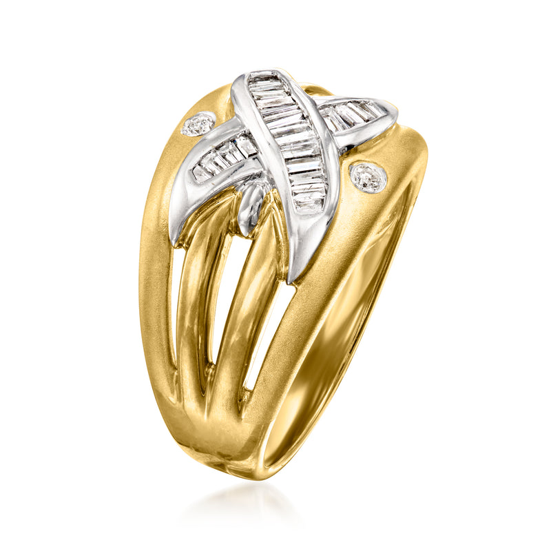 Yellow gold ring with crisscross baguette diamond design and two round diamond accents