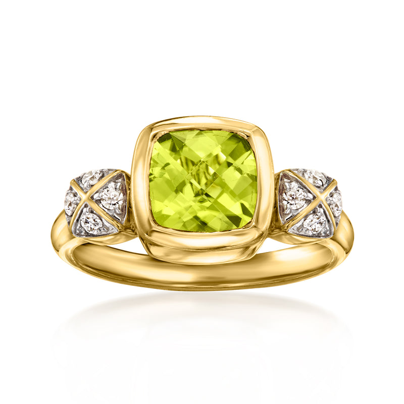 14kt yellow gold peridot cushion ring with diamond side accents