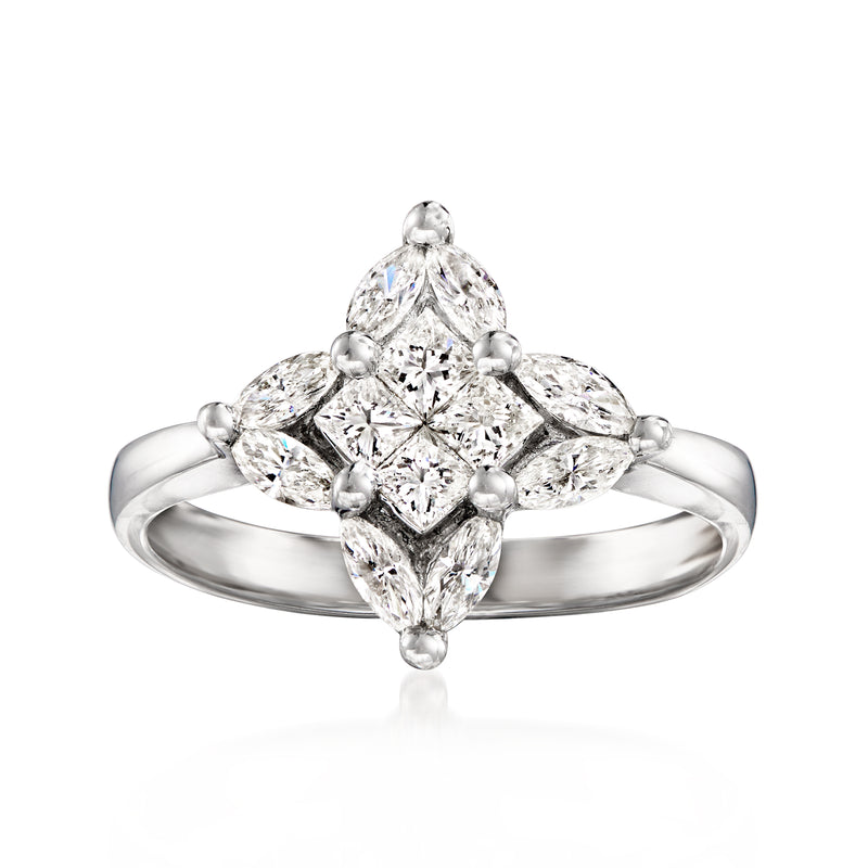 Vintage white gold diamond cluster ring with pear and marquise stones, prong-set