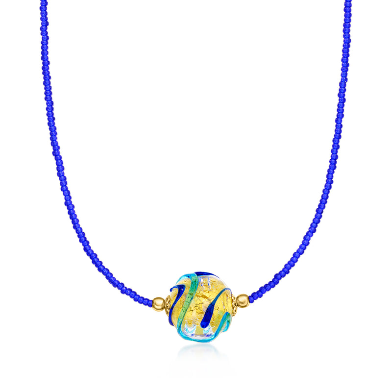 Blue beaded necklace with gold clasp and multicolor Murano glass sphere centerpiece bead