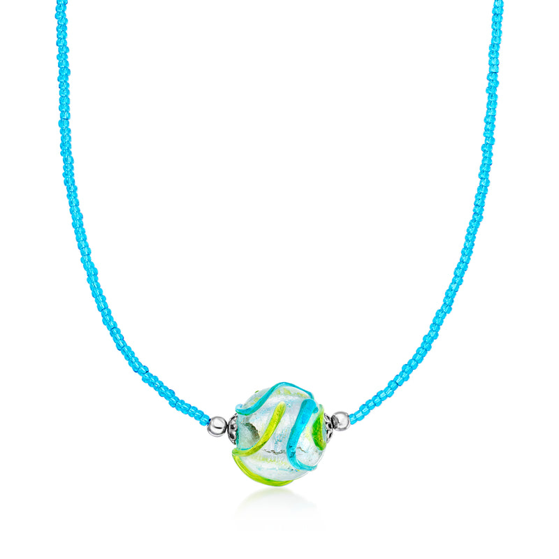 Blue glass sphere bead necklace with sterling silver clasp and small bead spacers