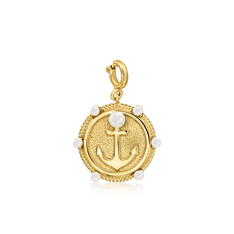 Gold over sterling anchor charm with round cultured pearl bezel and hanging loop