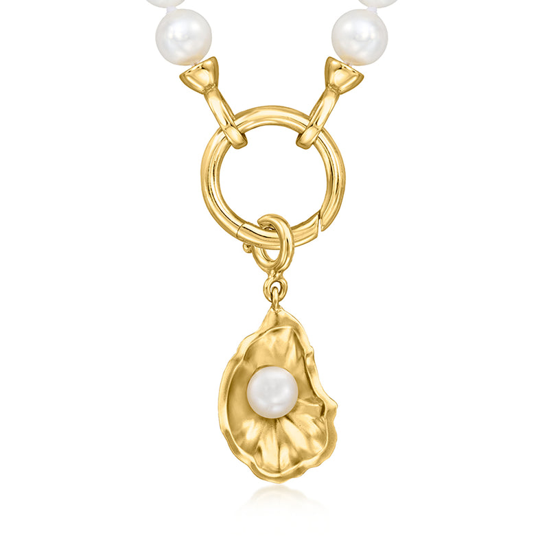Gold hoop-link charm with cultured pearl dangle in oyster-shell bezel