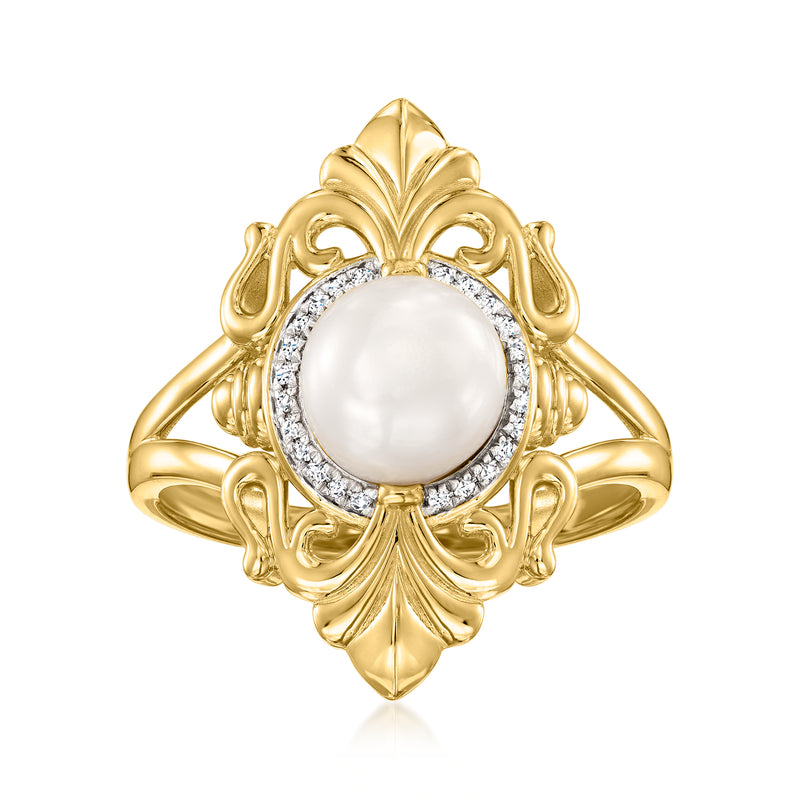 Gold ring with white pearl center, diamond halo, ornate filigree setting