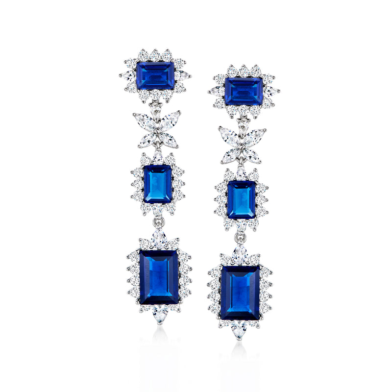 Sterling silver drop earrings with three blue square CZ stones and crystal halos