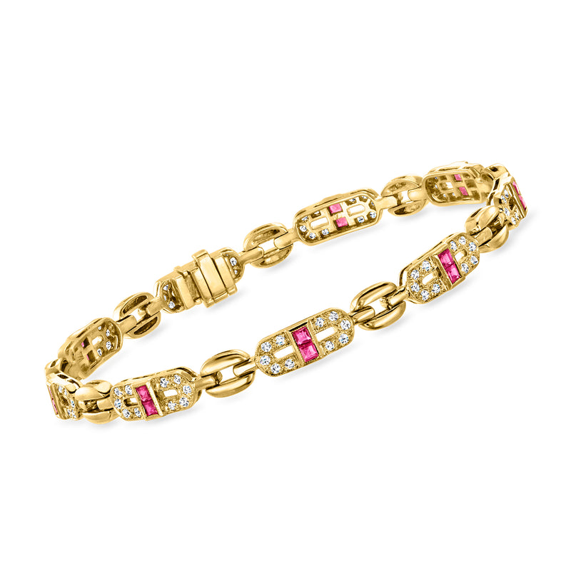 14k yellow gold link bracelet with ruby and diamond oval stations
