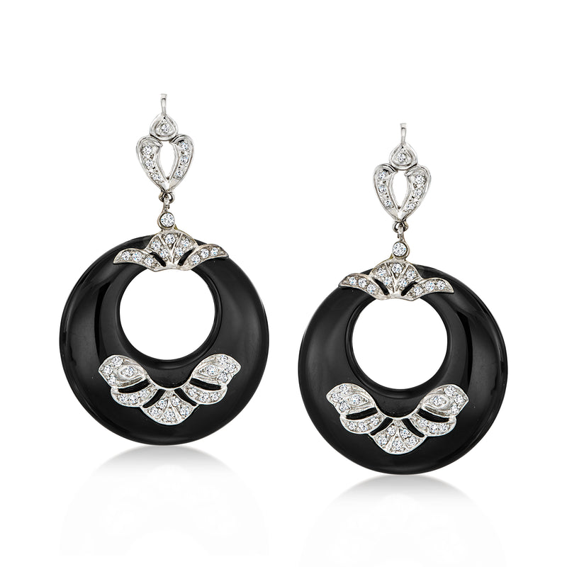 Onyx disc drop earrings with white gold diamond halo accents