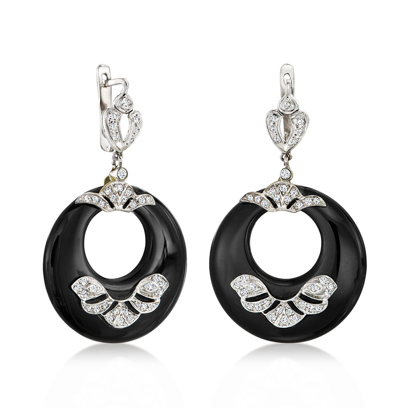 Onyx disc drop earrings in white gold with clustered diamond detailing