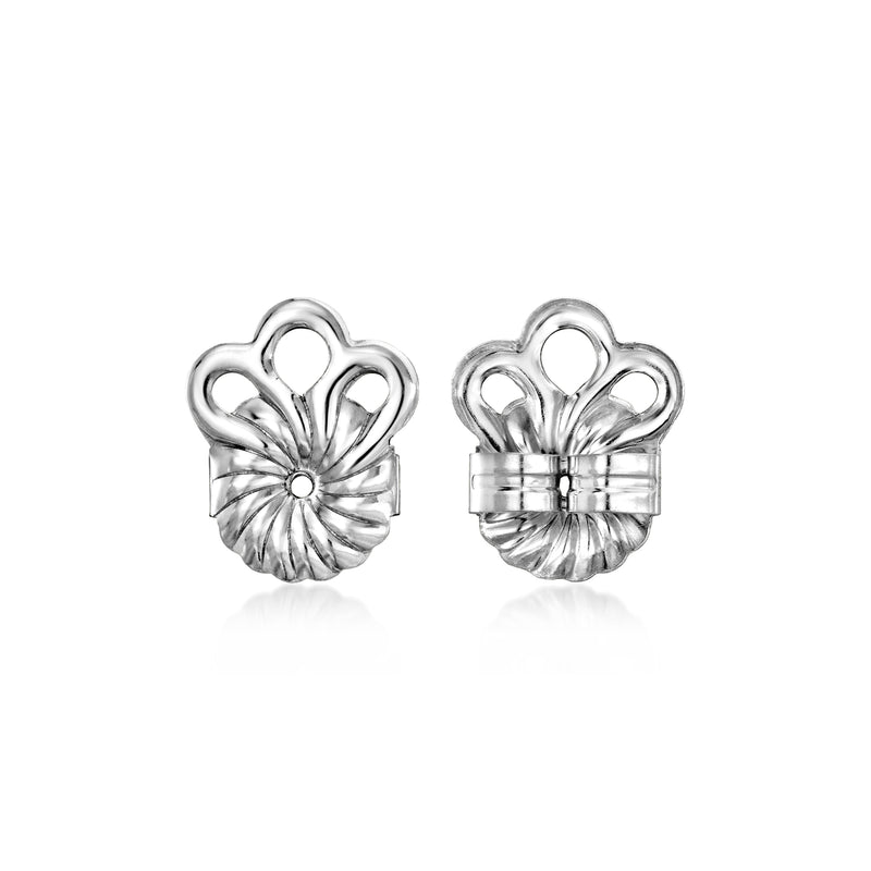 14kt white gold floral earring backings, side view with hinged clasp