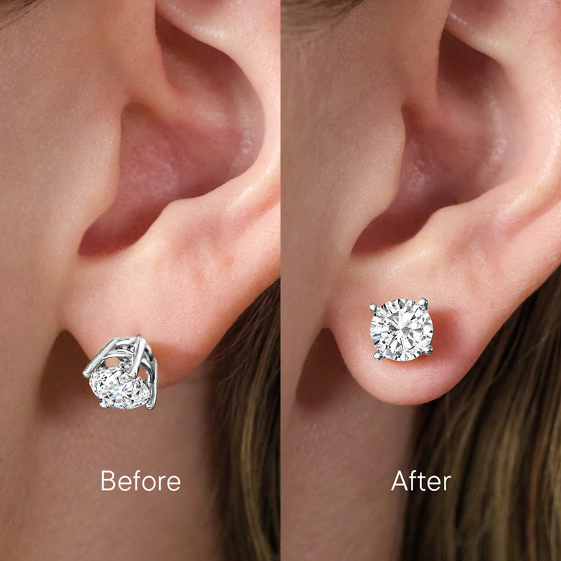 14kt white gold stud earrings featuring secure floral earring backings on ears