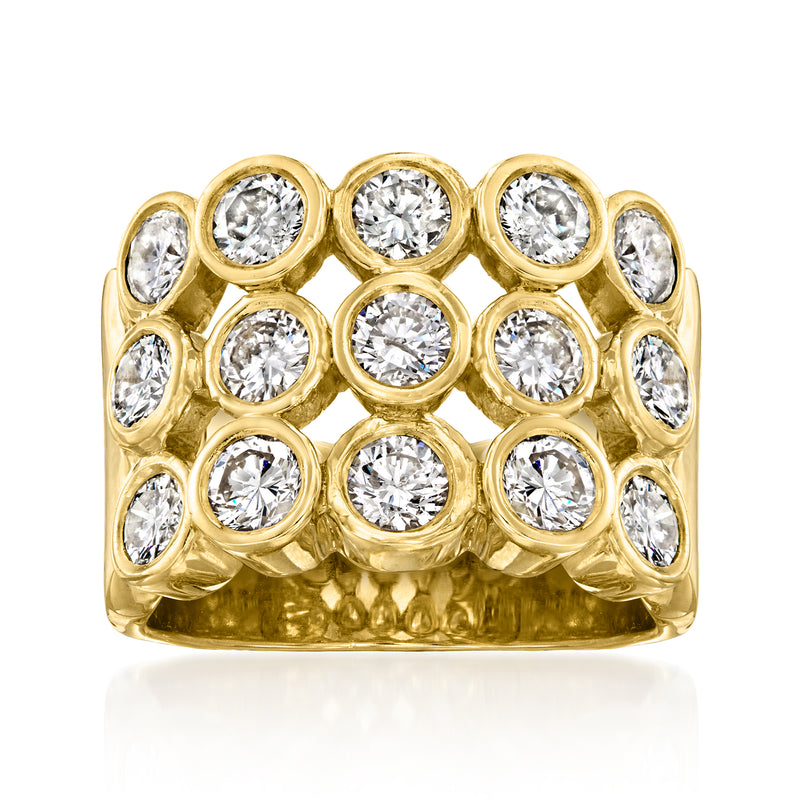 Vintage 18kt yellow gold three-row diamond ring, round stones in a dome setting