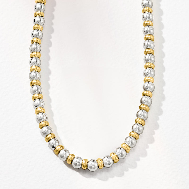 Bead necklace with alternating silver and gold-toned round beads, full front view