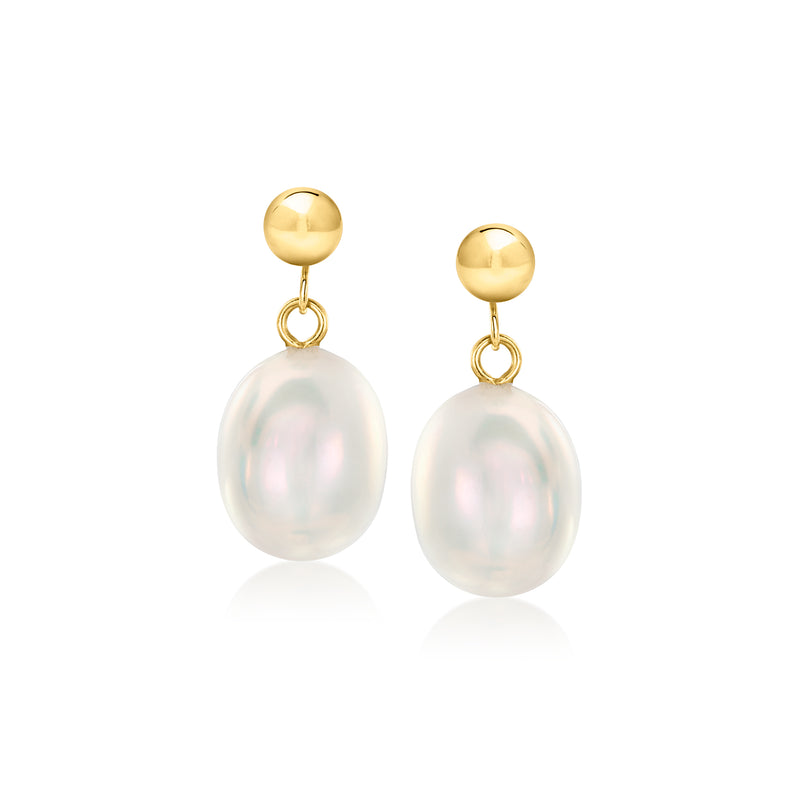 10kt yellow gold drop earrings with round cultured pearl, ball top, dangling pearl