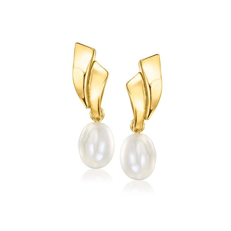 10kt yellow gold wavy drop earrings with round cultured pearl pendants